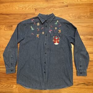 Vtg 90s Karen Scott Christmas Shirt Embroidered Women’s Denim Long Sleeve Sz SM